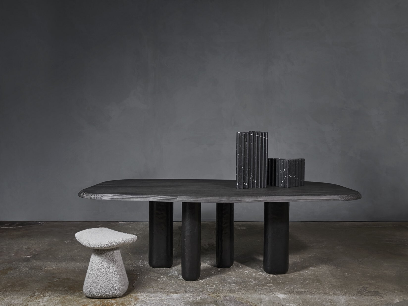 ROUGH dining table bronze Samuel Accoceberry DAM stool Christophe Delcourt Shell vases Atelier de Troupe Collection Particuliere